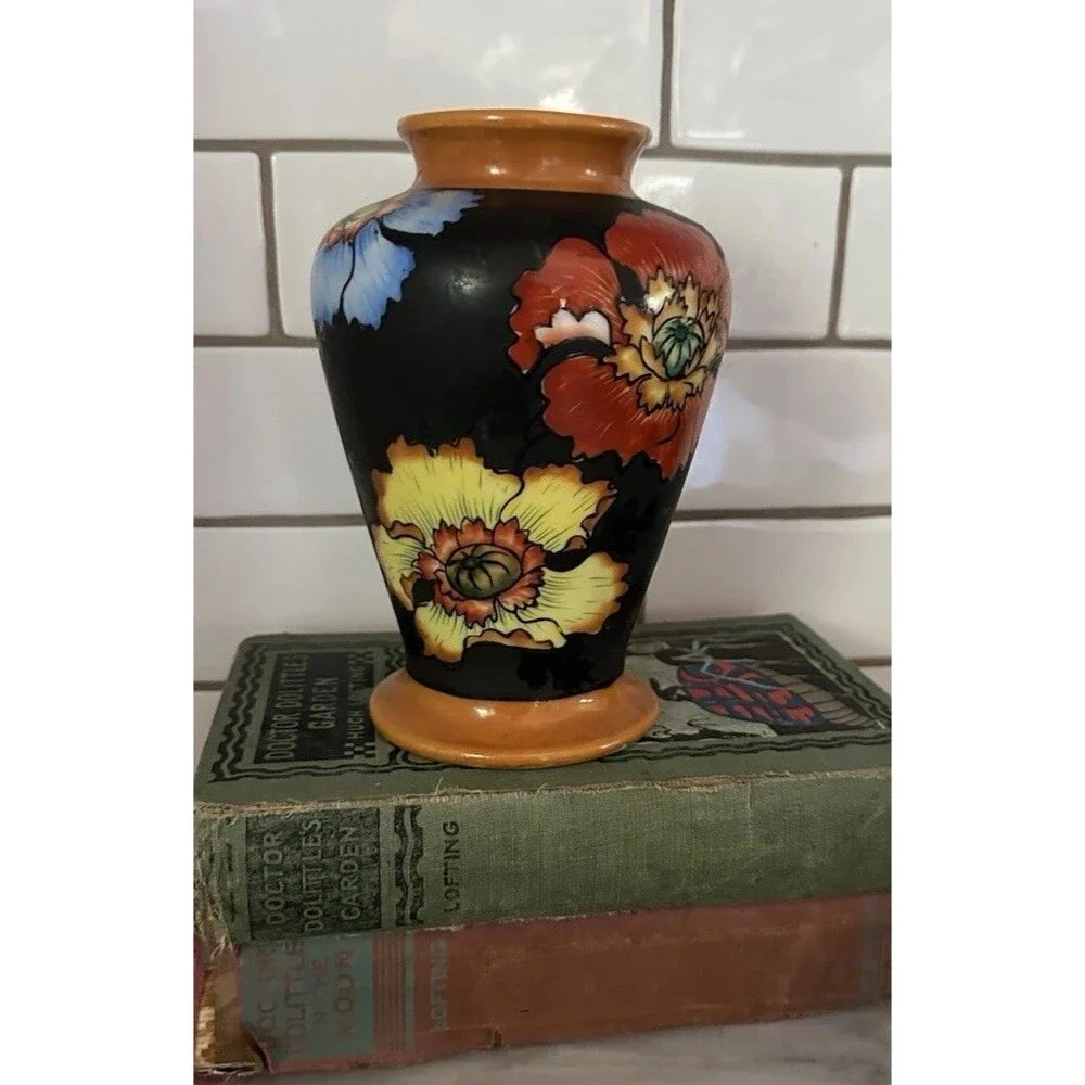 Orange Blue Red Poppy Black Flora Vase Japan Hand Painted 6.5”